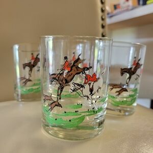 Rare Vintage Neiman Marcus Equestrian Fox Hunt Rocks Glasses, Set Of 6